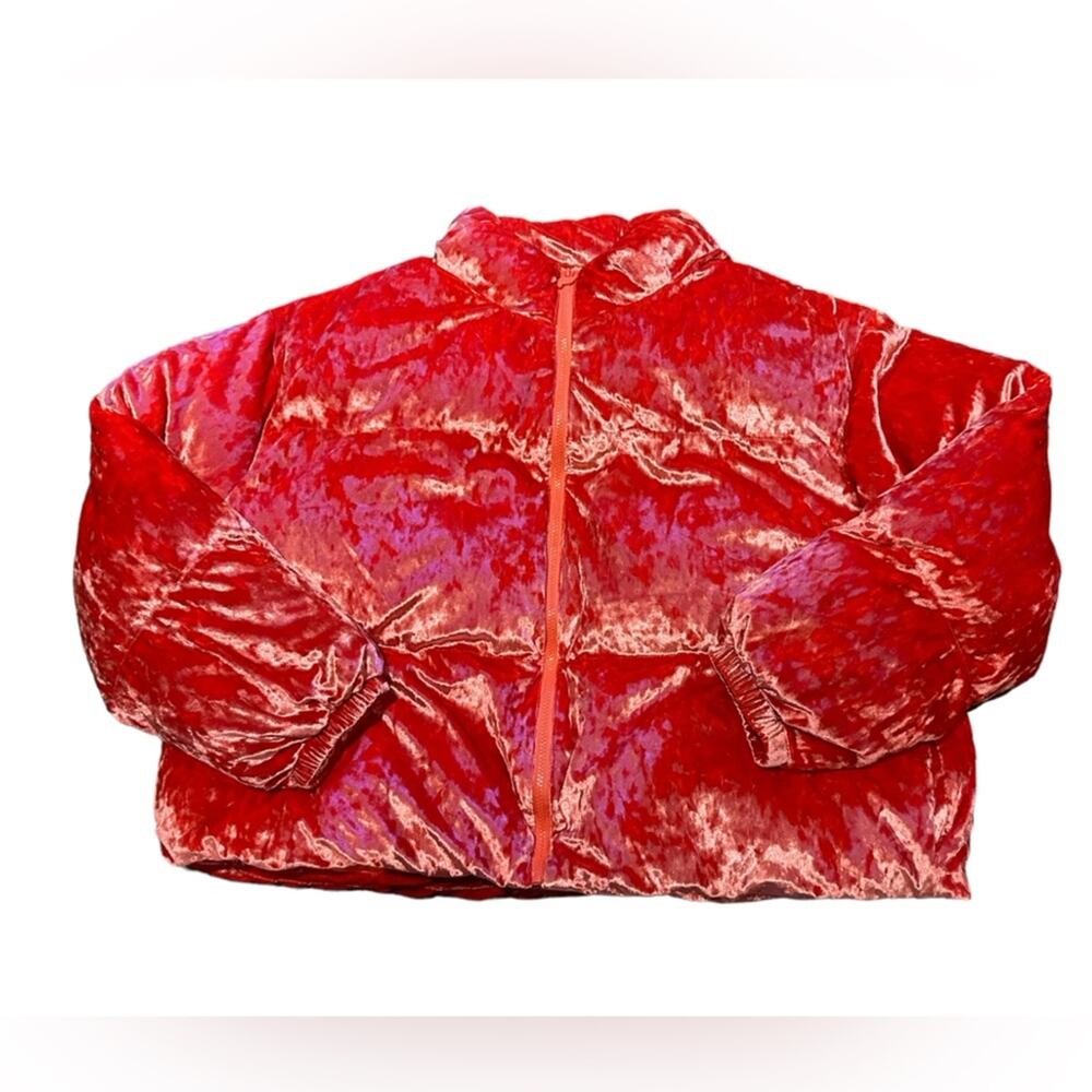 Fabletics Wander Women’s 3XL Pink Crushed Velvet Cropped Puffer Zip Jacket/Coat